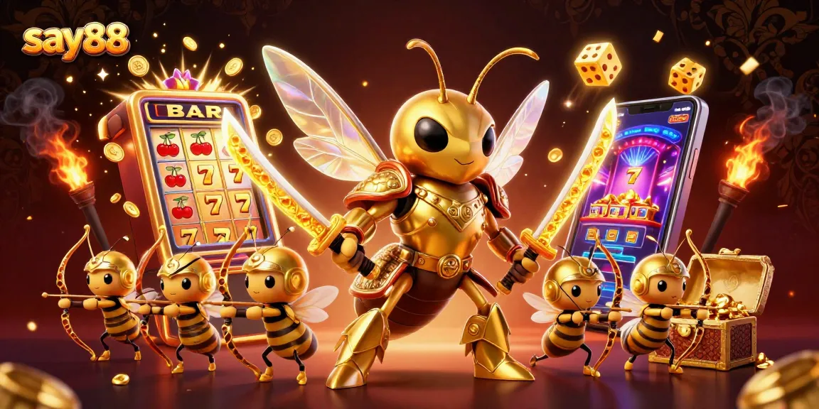 Experience exhilarating gameplay at say88 with a dynamic 3D illustration of golden hornet warriors and casino excitement.