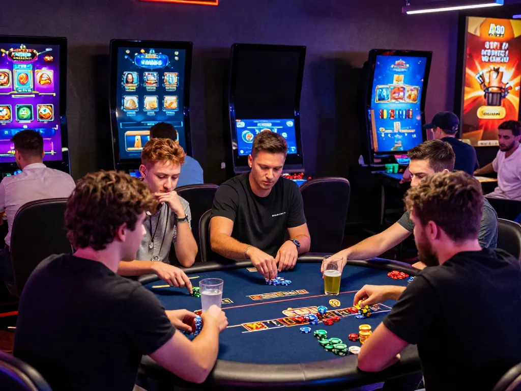 Engaging online gaming scene featuring friends enjoying the A80 platform at a vibrant casino setting.