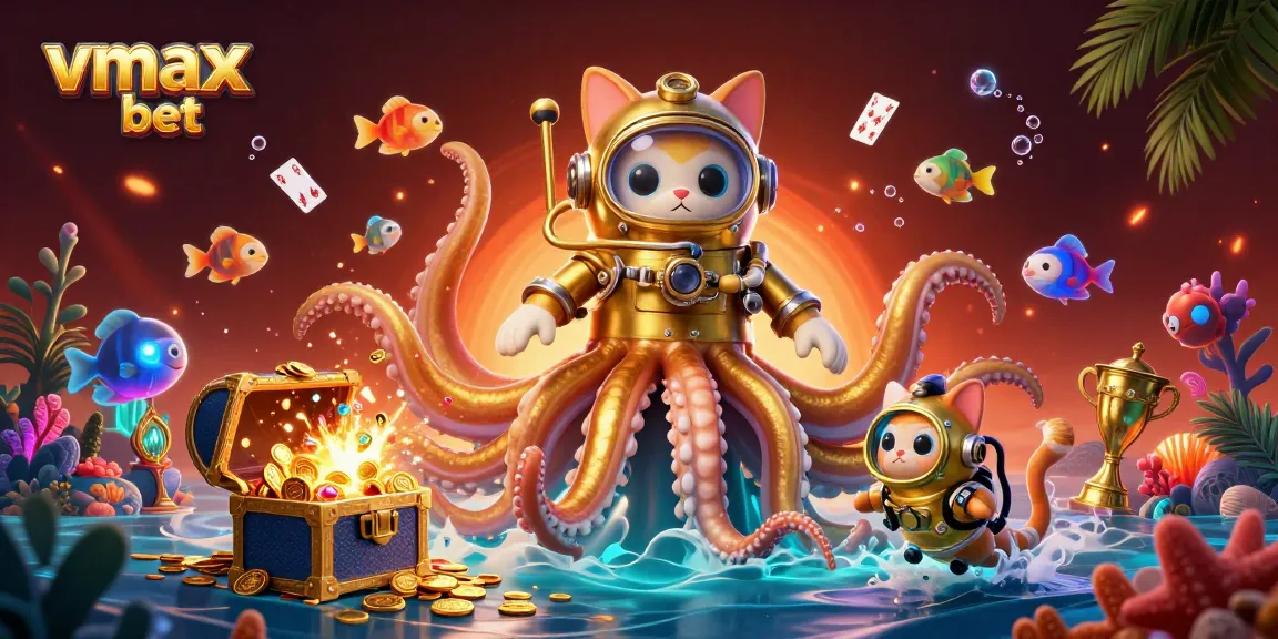 Experience thrilling action at vmax bet with a playful diving cat and a golden kraken in action.