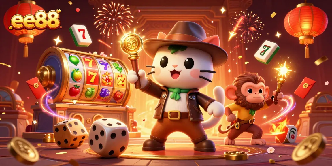 Experience thrilling wins at ee88 with a dynamic illustration of a cartoon archaeologist cat and monkey discovering golden casino treasures.