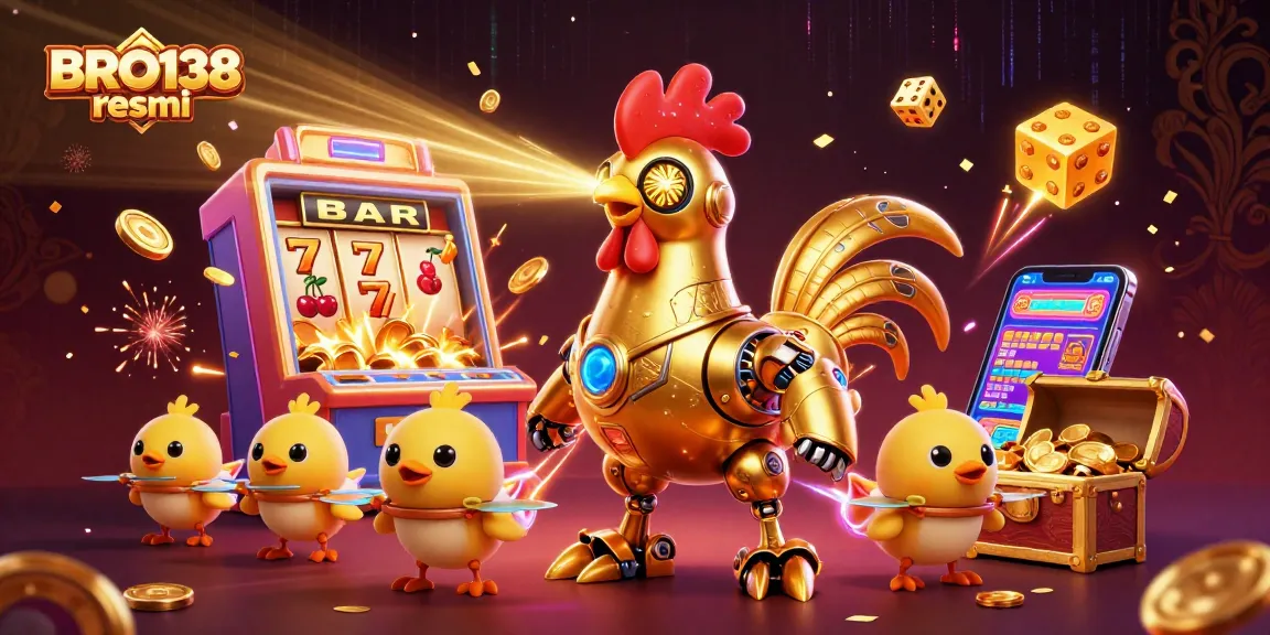 Engage with BRO138 resmi's slot games as golden rooster robot and chick drones celebrate winning coins and jackpots.