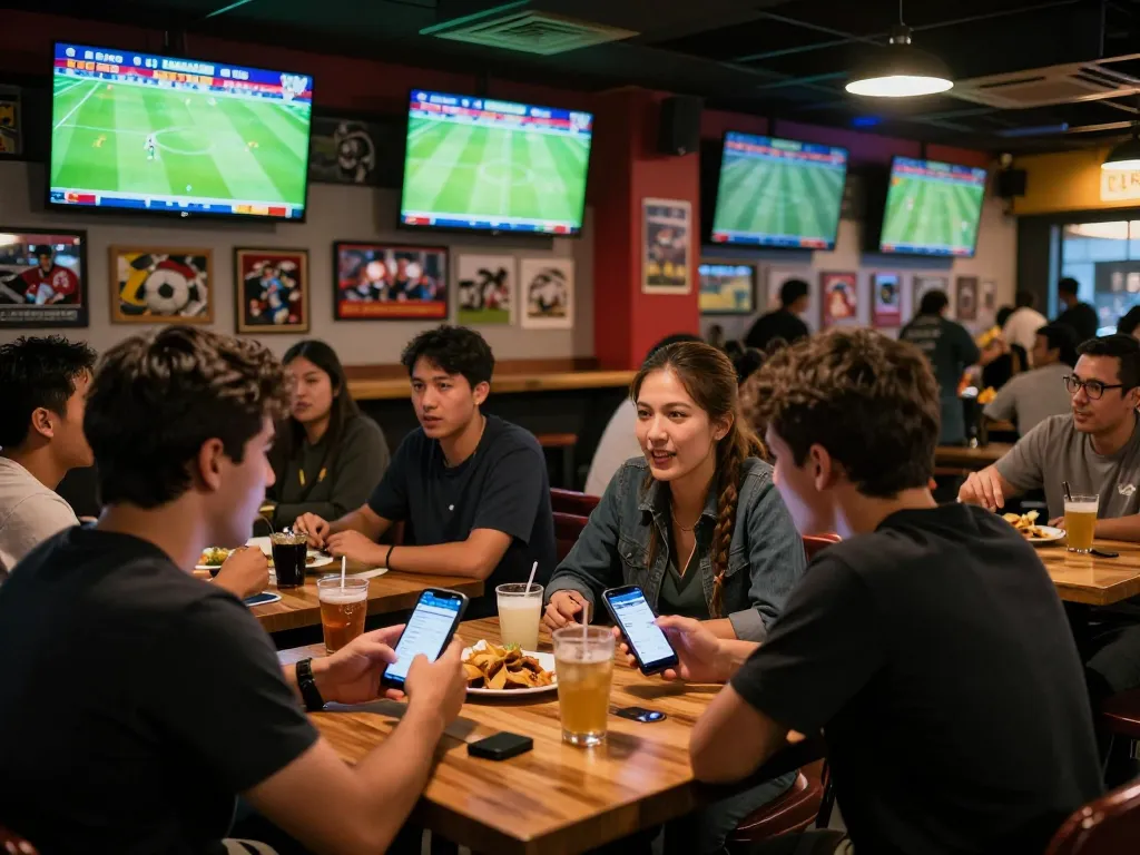 Kèo bóng đá hôm nay displayed on smartphone while patrons cheer at a sports betting bar.