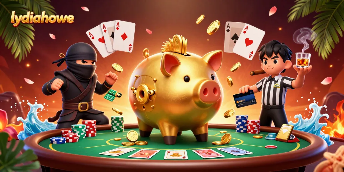 Lydiahowe showcases a thrilling casino confrontation with a golden piggy bank sumo wrestler amidst dynamic poker elements.