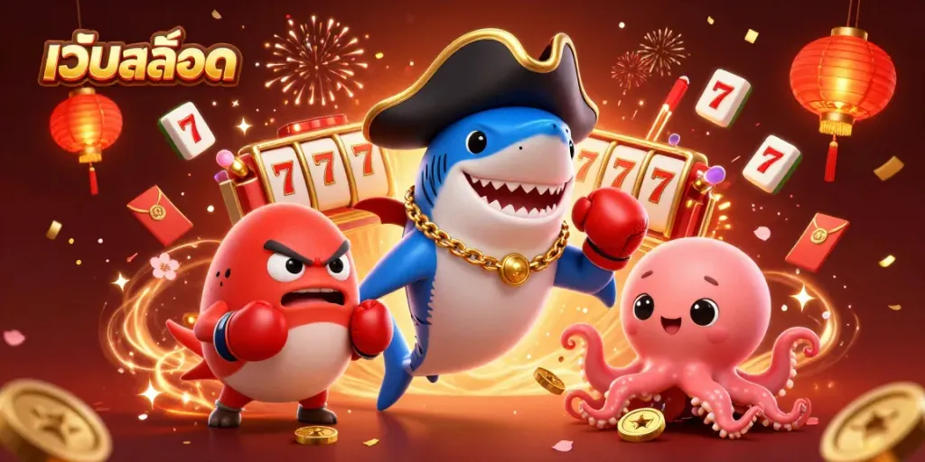 ภาพการ์ตูน 3D ของเว็บสล็อตแสดงตัวละครน่ารัก มีปูเรือและปลาทองในฉากการเล่นพนัน