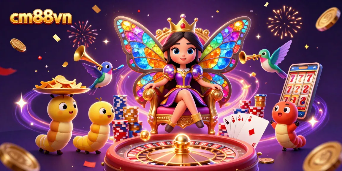 Experience excitement at CM88VN with a vibrant 3D casino scene featuring captivating characters and games.