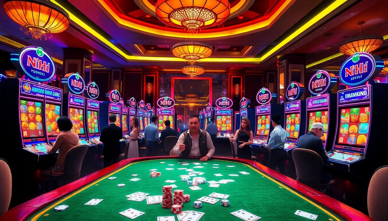 Nổ Hũ slot machines in a vibrant casino atmosphere, showcasing exciting winnings and professional gameplay.