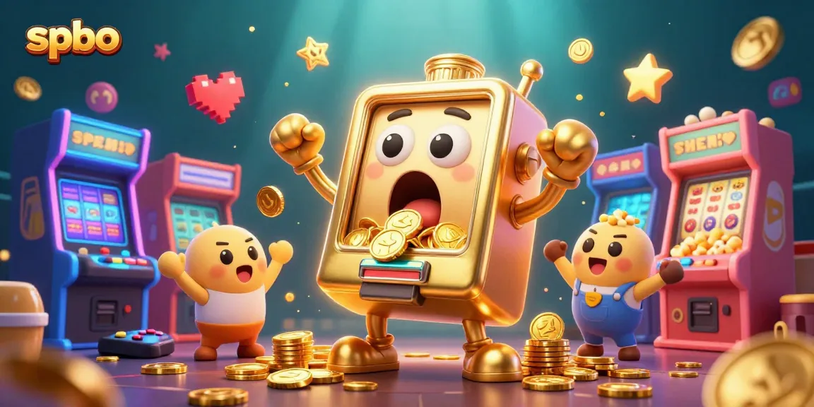 spbo slot machine bursts coins and joy with cheering baby slots and popcorn in dynamic casino scene