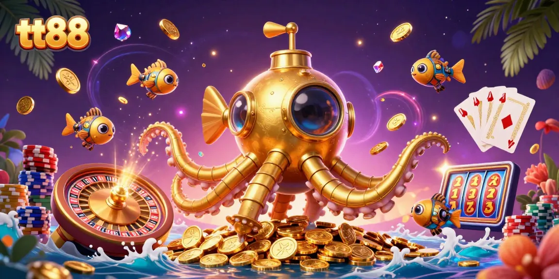 Spin and win at tt88 with vibrant golden coins and a thrilling atmosphere in this dynamic casino scene.