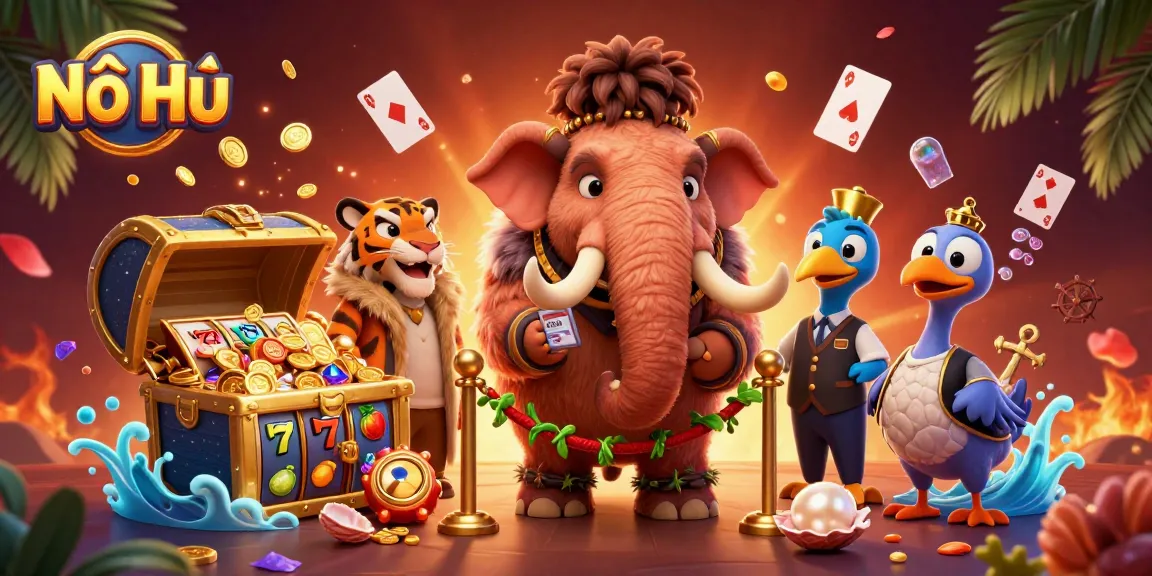 Nổ Hũ captures excitement with a woolly mammoth checking IDs, a saber-tooth tiger, and vibrant slot reels.