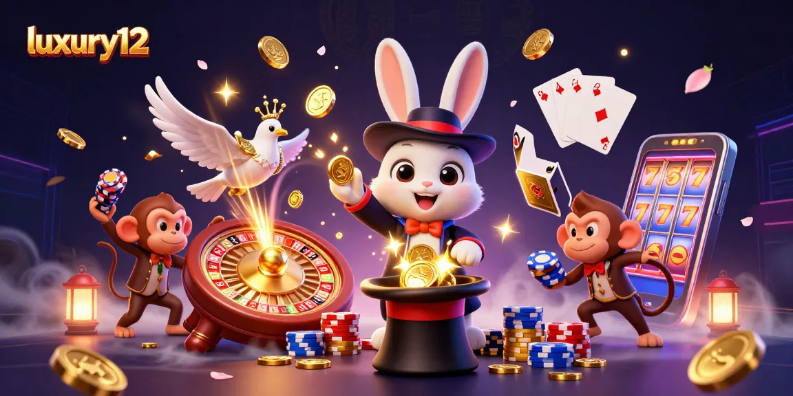 Experience luxury12 magic with a rabbit, dove, and monkey amidst vibrant casino elements.