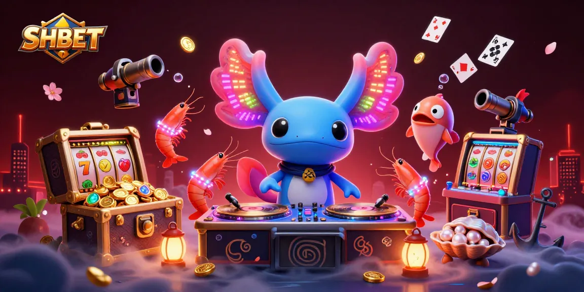 SHBET slots come alive with a vibrant axolotl DJ spinning joyfully among lively sea creatures, creating a magical gaming experience.
