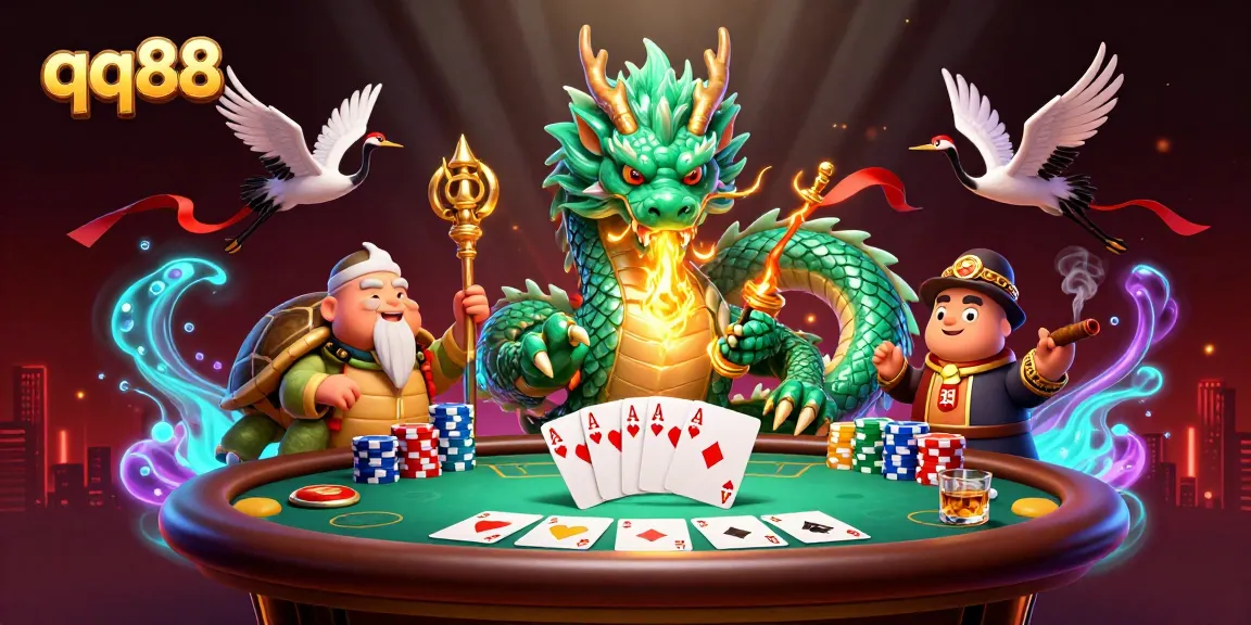 Engage with qq88's thrilling poker scene featuring a jade dragon and wise turtle sage.