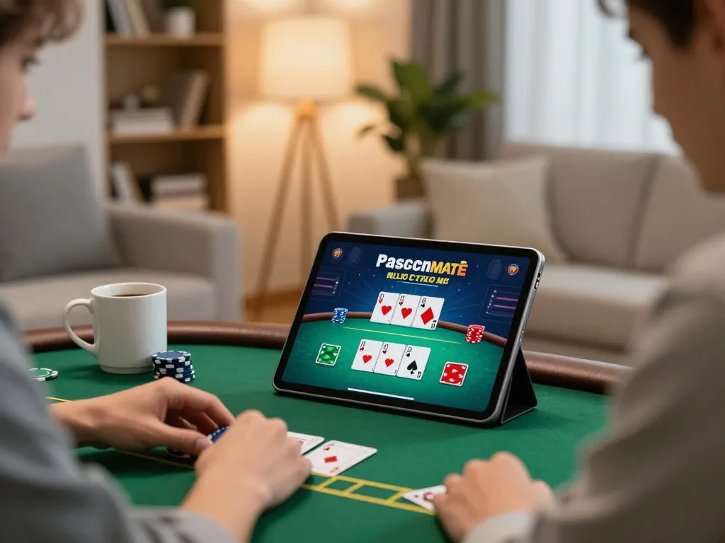 KONG88 player strategizing poker game with tablet in stylish home setting.