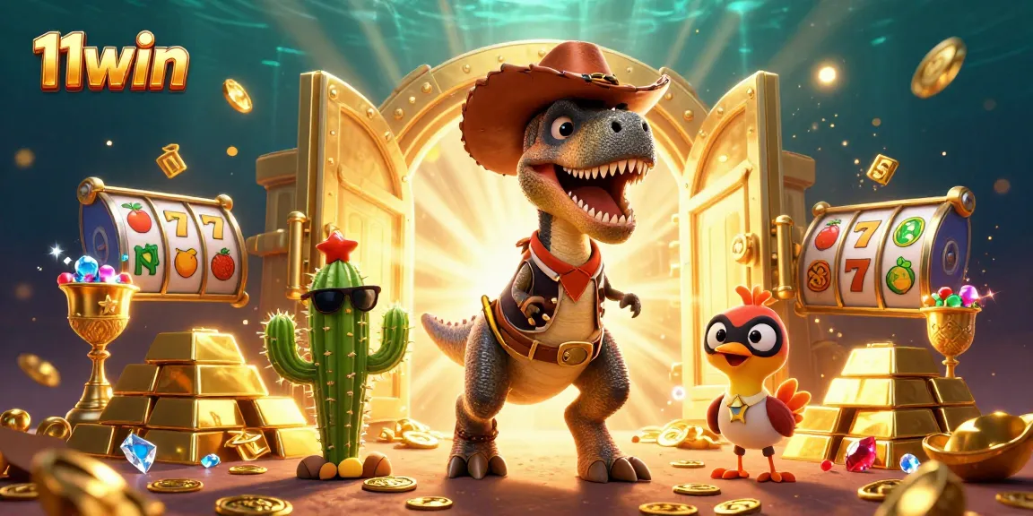 Experience thrilling 11win casino excitement with cartoon cowboy characters and slot elements.