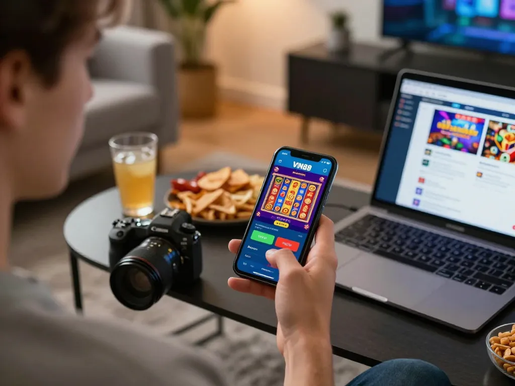 Engaging gameplay on the VIN88 casino app displayed on a smartphone in a cozy home setting.