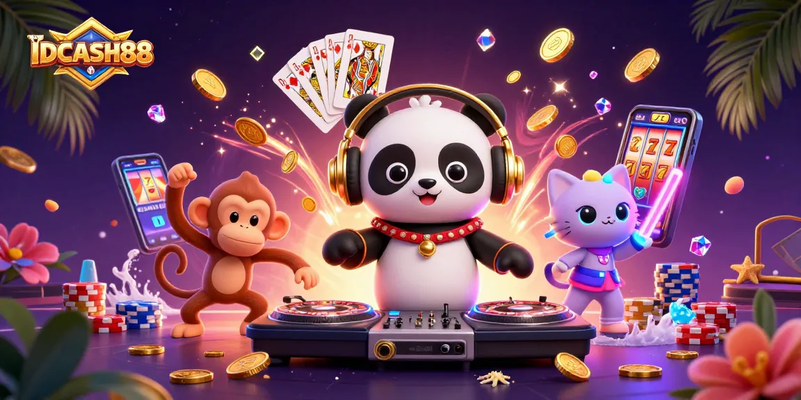 Experience the gaming excitement of IDCASH88 with vibrant characters and dynamic casino elements in a lively illustration.