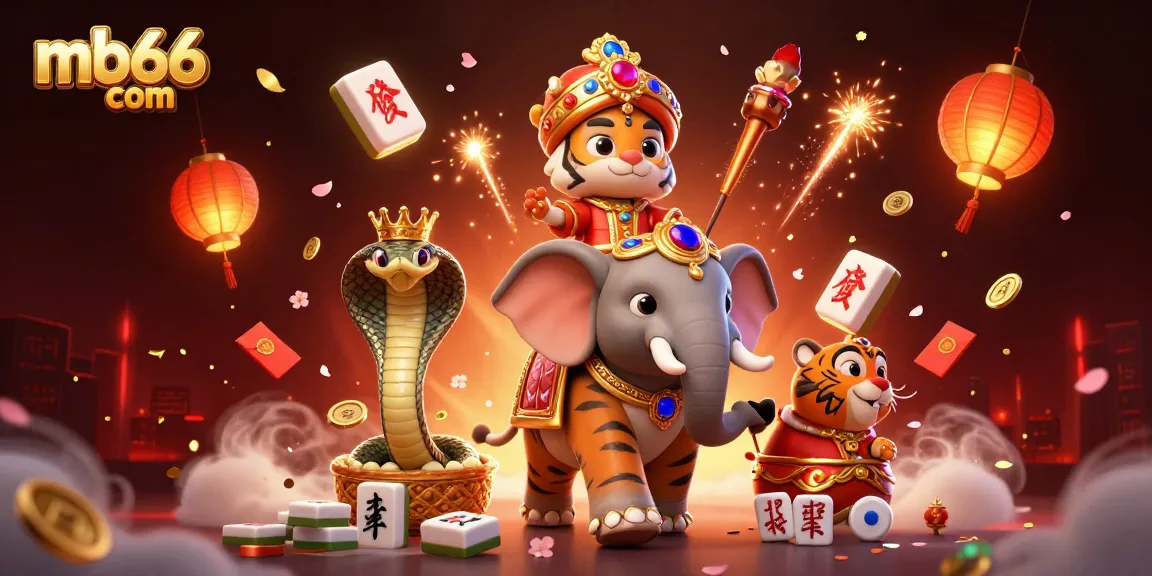 Win big at mb66 com with a vibrant 3D casino illustration featuring lucky symbols and characters.