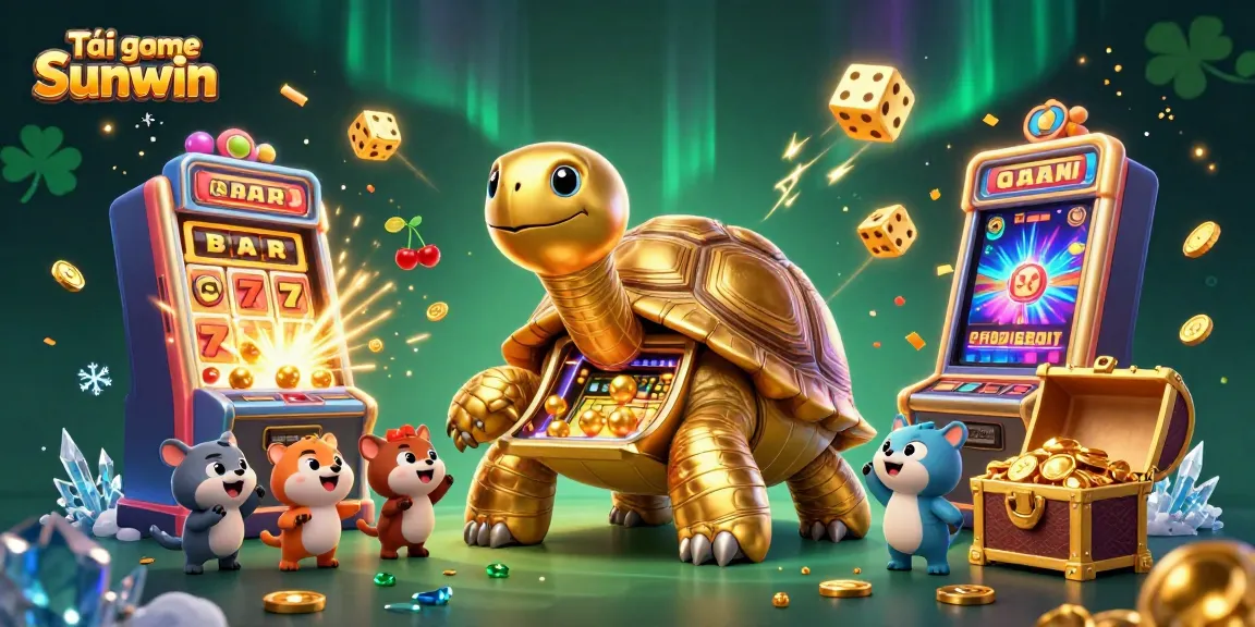 Play Tải game Sunwin with an exciting 3D casino-themed illustration featuring a golden tortoise and slot machines.