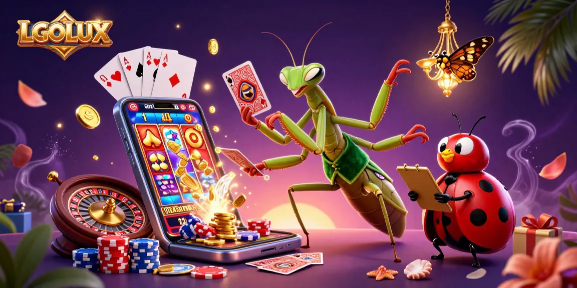 Engage with LGOLUX in a vibrant casino scene featuring a giant praying mantis and a ladybug, ideal for slot gamers.