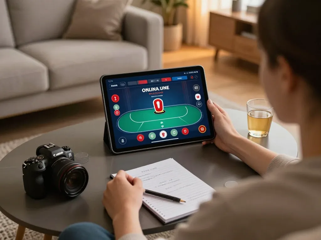 Engaging home scene of a player using kuwin tablet for strategic online poker