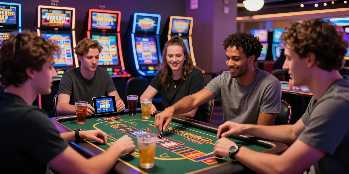 Friends enjoying gaming at credit card casinos, showcasing vibrant atmosphere and modern devices.