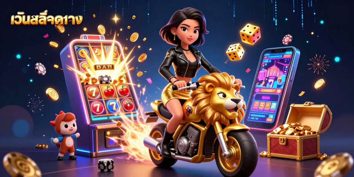 Experience เว็บสล็อตตรง with thrilling gameplay featuring a glamorous character on a golden lion amidst vibrant casino elements.