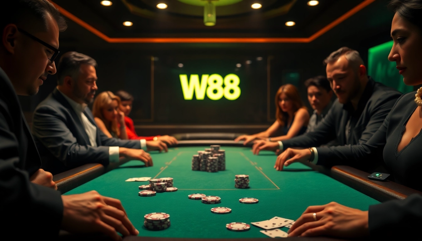 W88 poker players strategizing over a high-stakes game, emphasizing excitement and luxury.