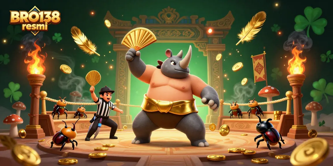 Experience the thrill of BRO138 resmi with a powerful beetle champion surrounded by casino elements.