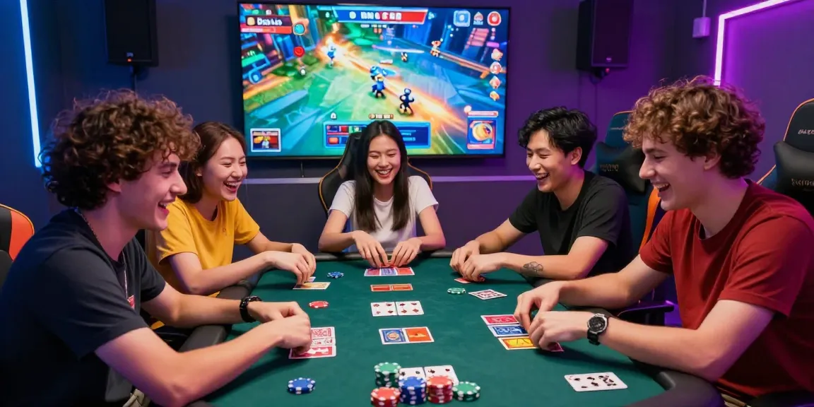 68 game bài - teman-teman bermain kartu dalam suasana ceria dengan latar belakang permainan menarik.