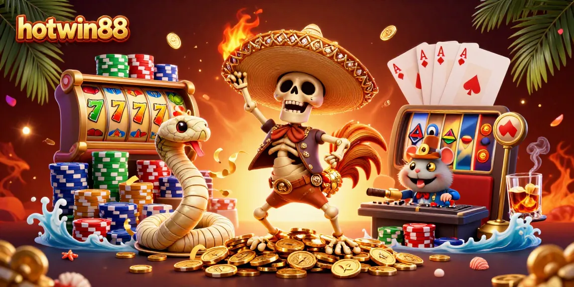 Experience the excitement of hotwin88 with a lively casino scene featuring festive characters and vibrant gaming elements.