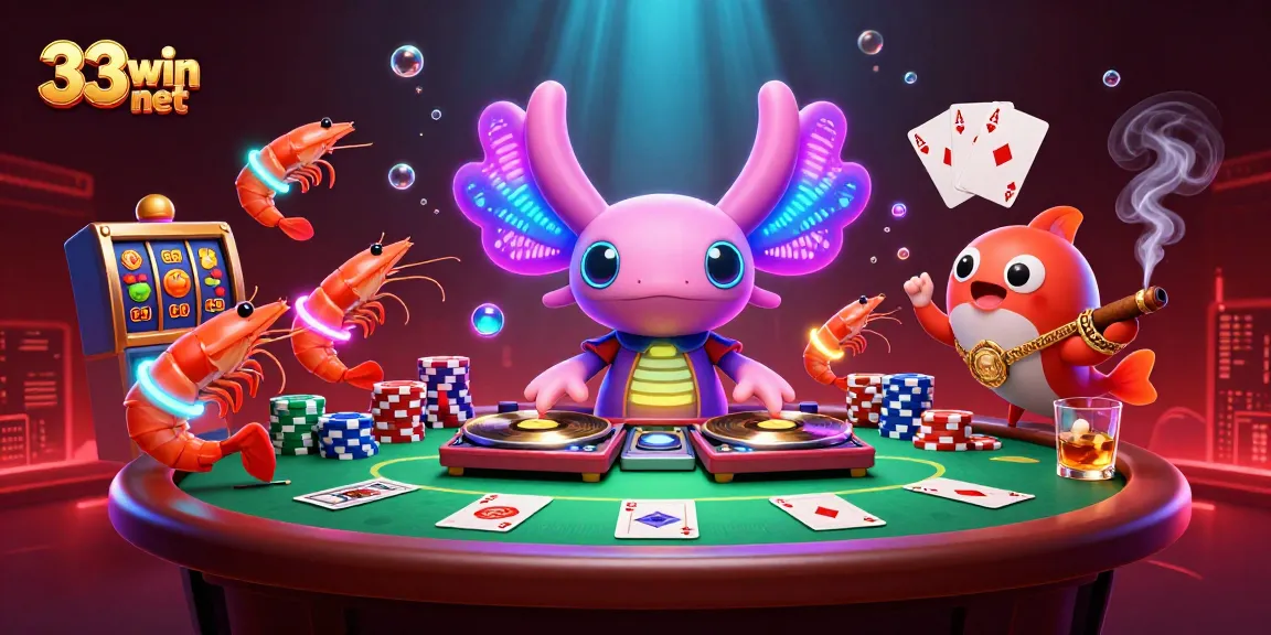 Experience excitement at 33win net with our vibrant 3D casino scene featuring colorful characters and game elements.