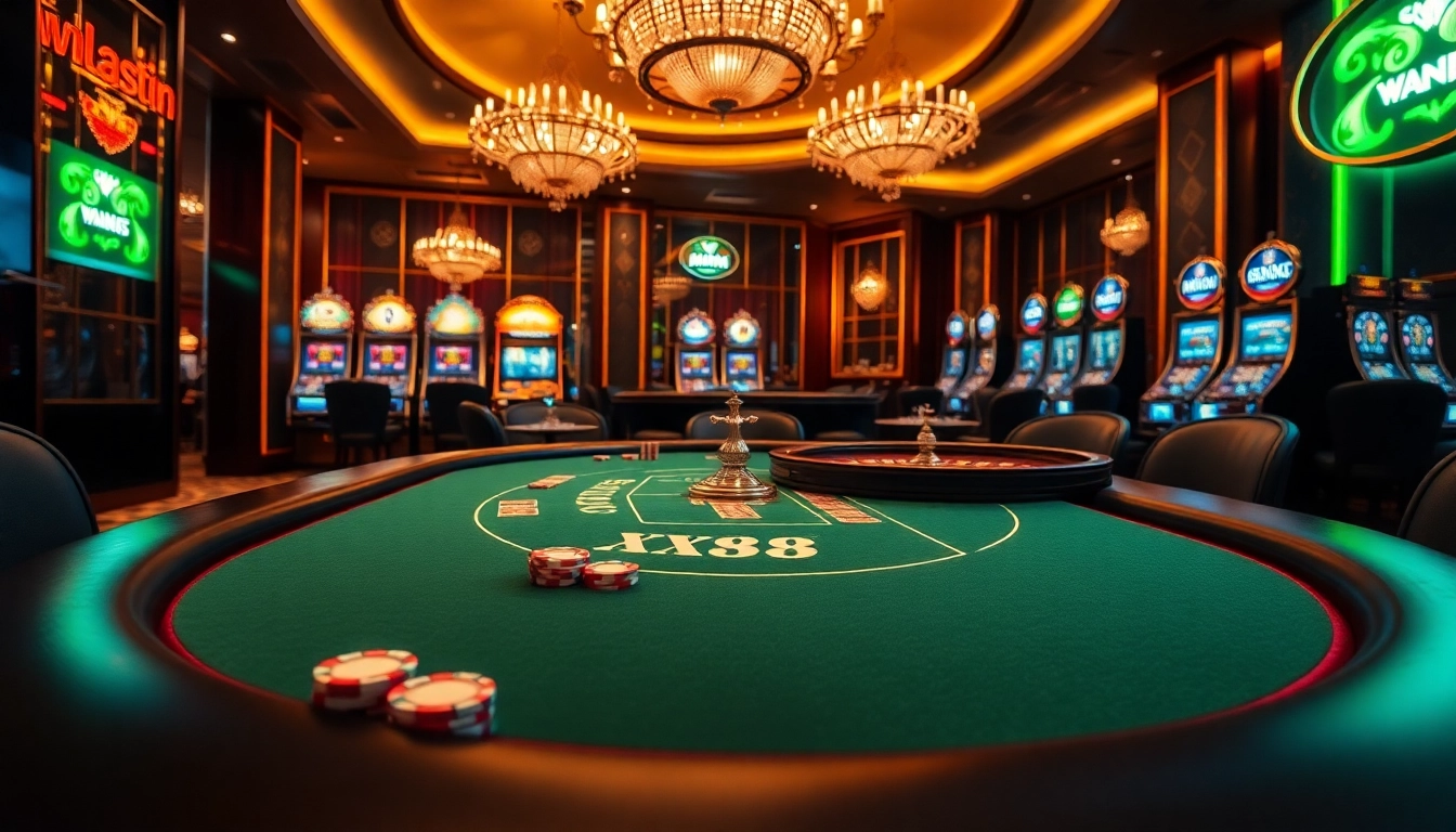 Join the thrilling game at XX88 casino with vibrant poker tables and exciting slot machines.