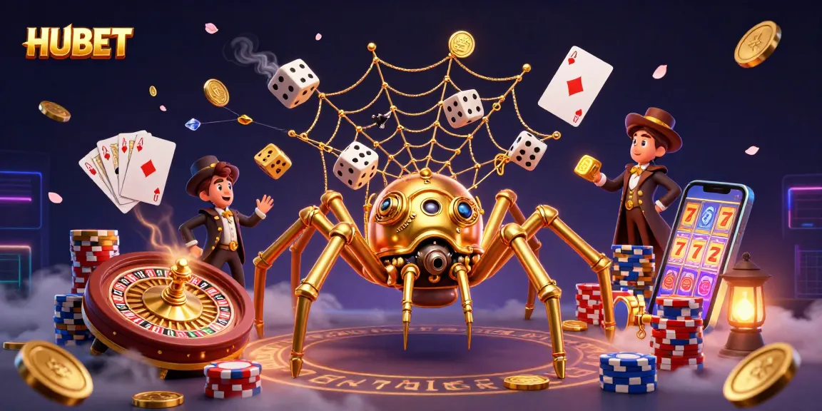 Engage with HUBET's thrilling gambling scene featuring a golden steampunk spider and exciting casino elements.