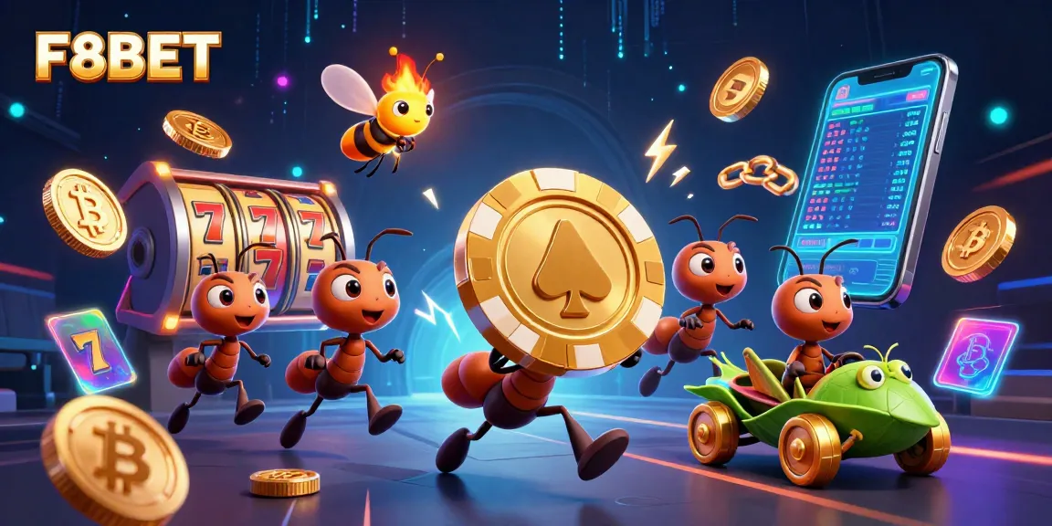 F8BET players strategizing a heist with giant poker chips and crypto coins