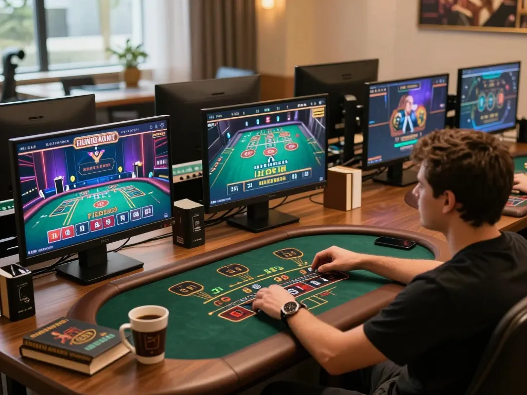say88 gaming expert strategizing bankroll management at a modern workspace with dual screens.