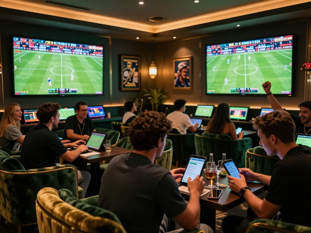 Excited fans placing wagers on keonhacai while watching live sports in a luxurious betting lounge