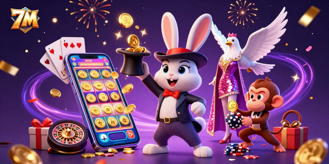 Experience the excitement of 7M with a magical scene featuring a rabbit, dove, and monkey surrounded by casino elements.