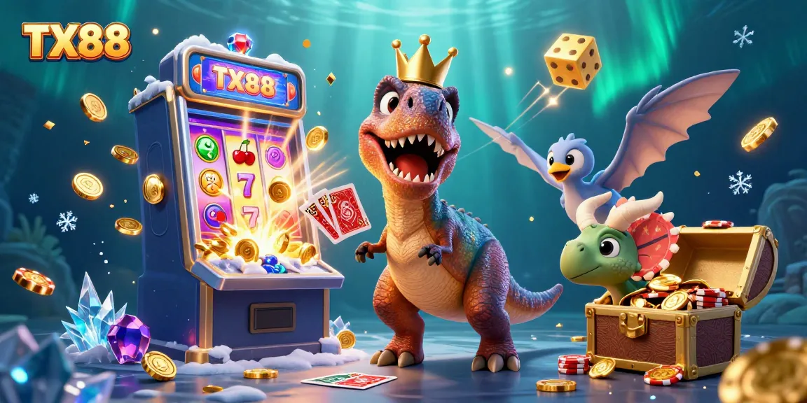 TX88 showcases a playful T-Rex, card shuffling, and slot machine jackpot scene.