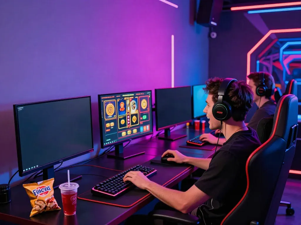 Exciting gaming atmosphere with akunjp slot interfaces and vibrant LED lighting.