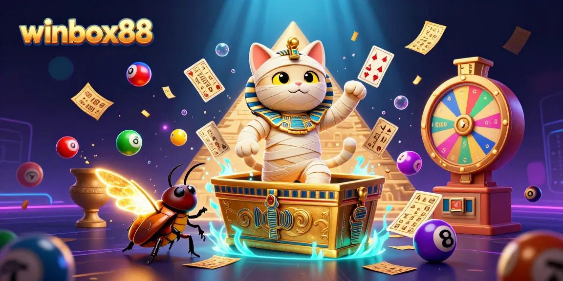 Experience the thrill of winbox88 with a vibrant casino scene featuring Egyptian icons and lively game elements.