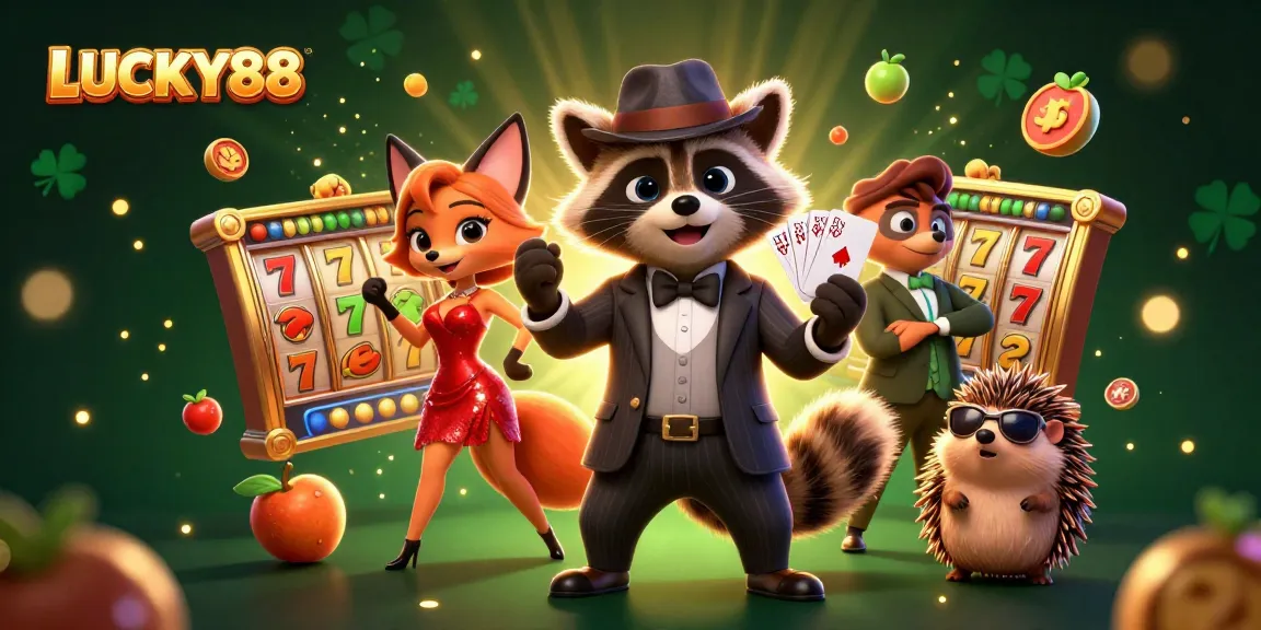 Experience the excitement of LUCKY88 with a charming raccoon and friends in a dynamic casino scene.
