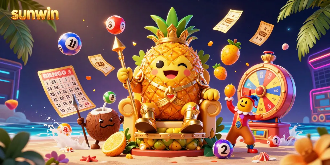 Experience Fortune at sunwin: A vibrant beach casino scene with golden gaming elements and tropical characters.