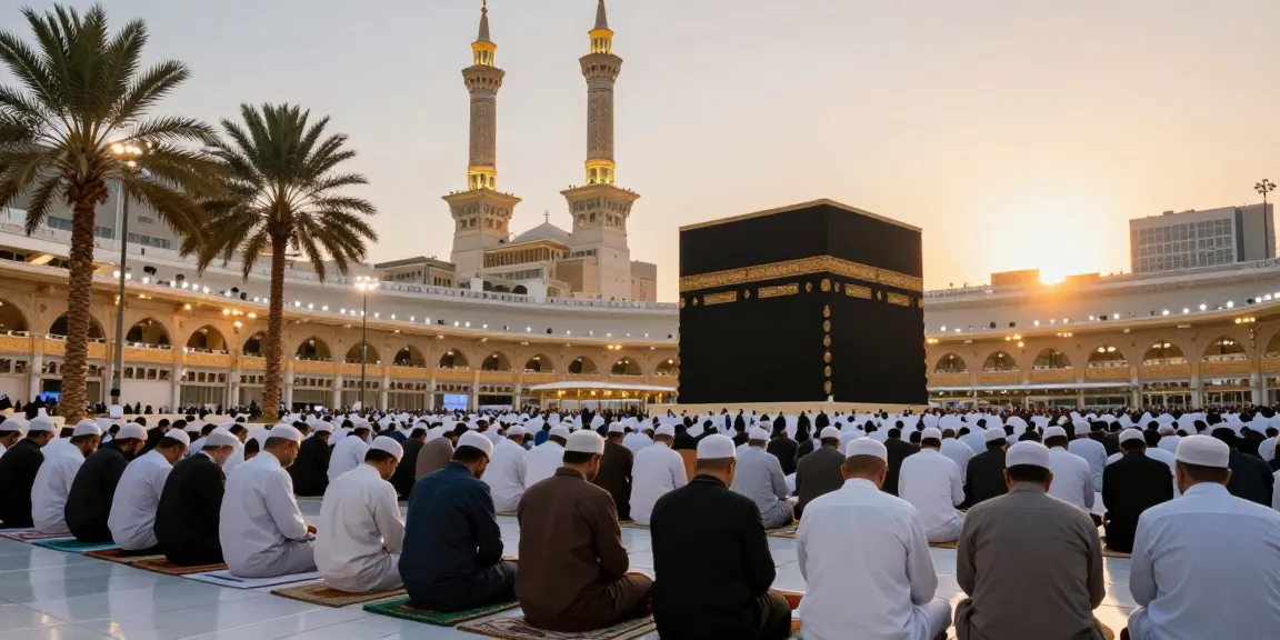 "Umroh Ramadhan experience at Masjid al-Haram, involving vibrant pilgrims, serene atmosphere, and breathtaking surroundings that inspire your travel journey."