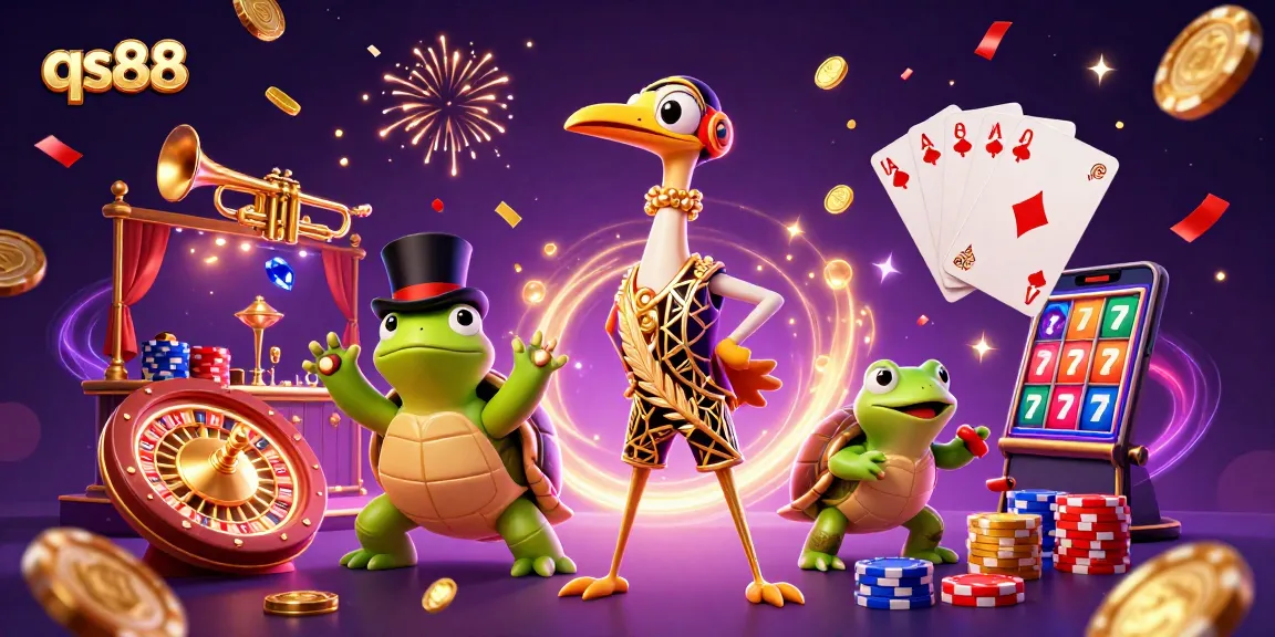 Spin and win with qs88, featuring vibrant casino characters amidst cascading golden coins and radiant gems.