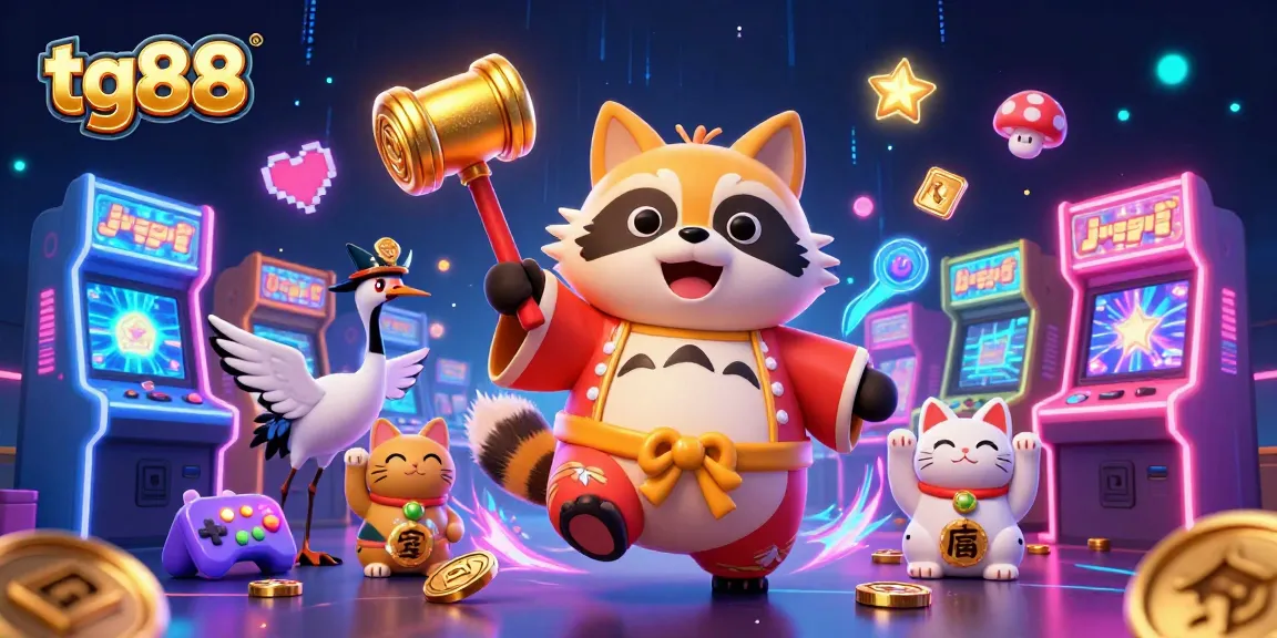 Experience tg88 gaming with a cheerful tanuki and lucky symbols in a vibrant casino scene.