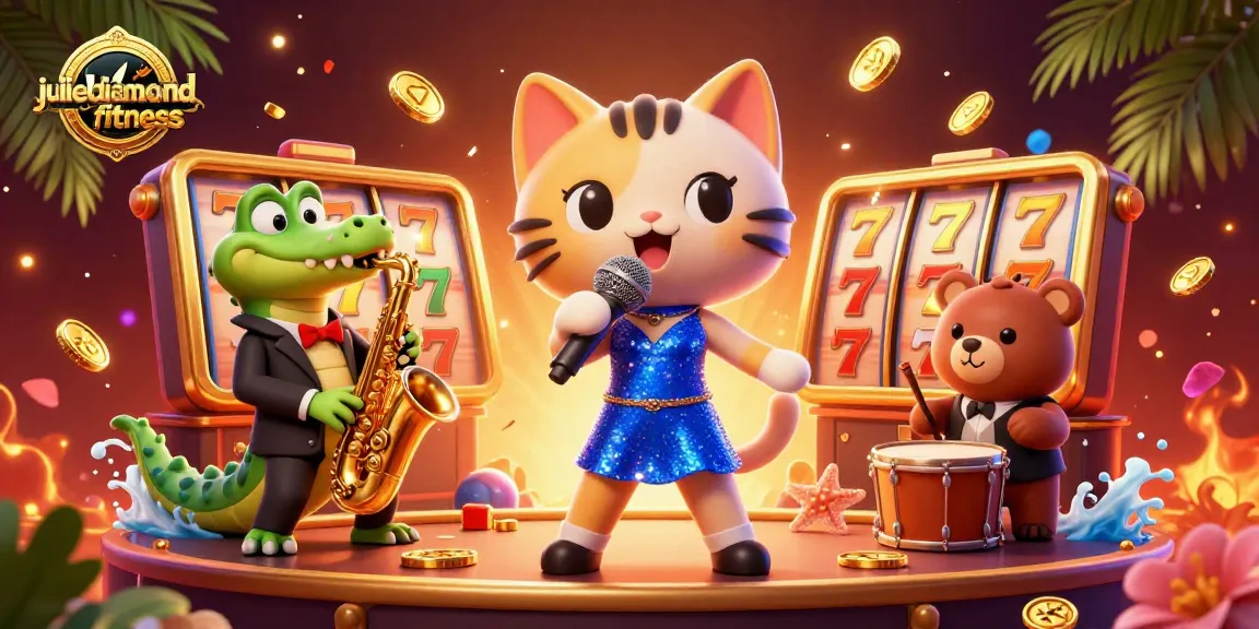 Experience thrilling gameplay with juliediamondfitness in a vibrant casino scene featuring spinning slot reels and energetic characters.