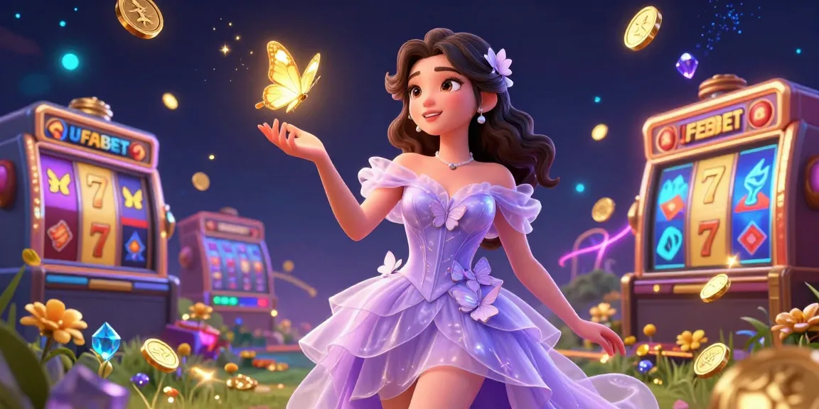 Experience the excitement at UFABET with vibrant slot reels and golden butterflies in a magical casino scene.