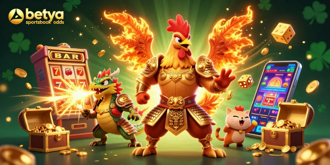 Engage with betya sportsbook odds through vibrant 3D artwork featuring a rooster warrior, dragon, and lucky cat.