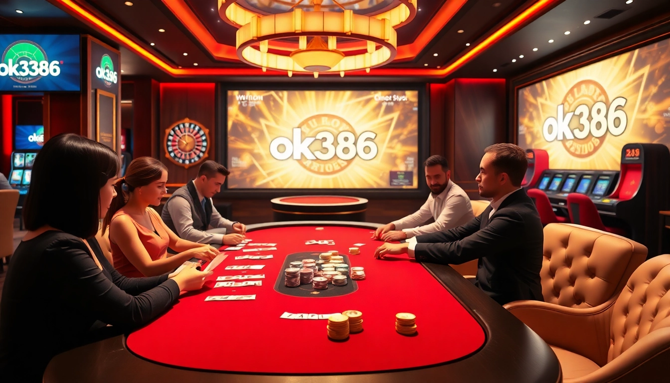 Players enjoying an engaging game at the online casino ok8386, showcasing vibrant gameplay with cards and chips.