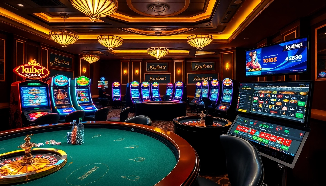 Kubet casino experience with poker players, exciting slot machines, and roulette wheel action.